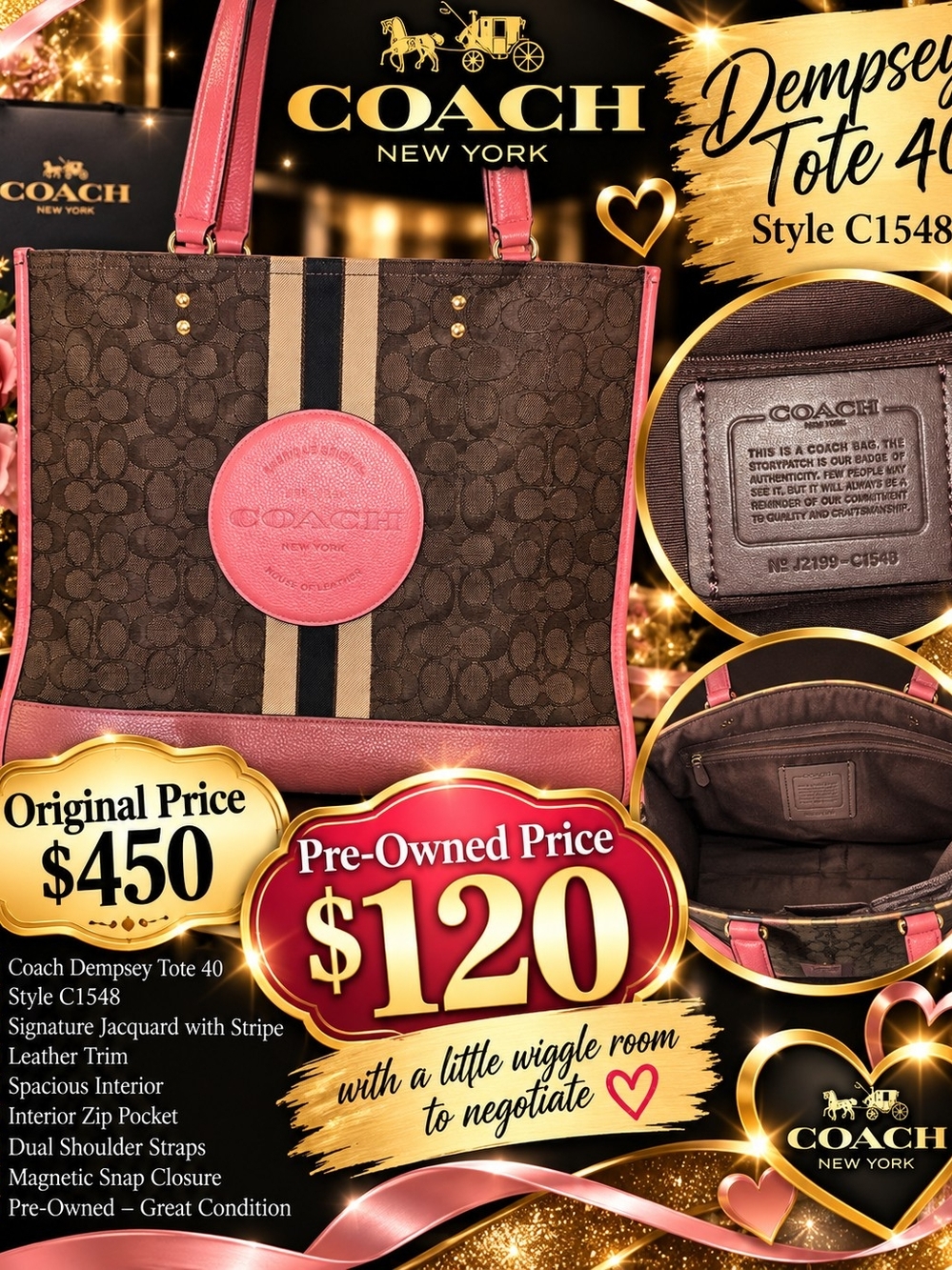 Coach Dempsey Tote Brown with Pink Trim
